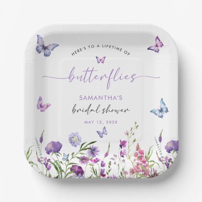 Assiettes En Carton Papillons modernes floraux violets pour une fête p (Recto)