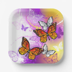 Assiettes En Carton Papillons Monarch sur Fond Violet