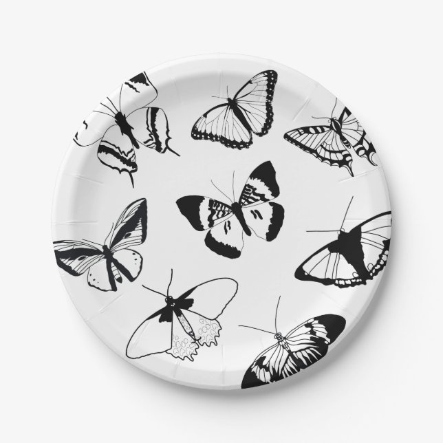 Assiettes En Carton Papillons noirs et blancs (Devant)