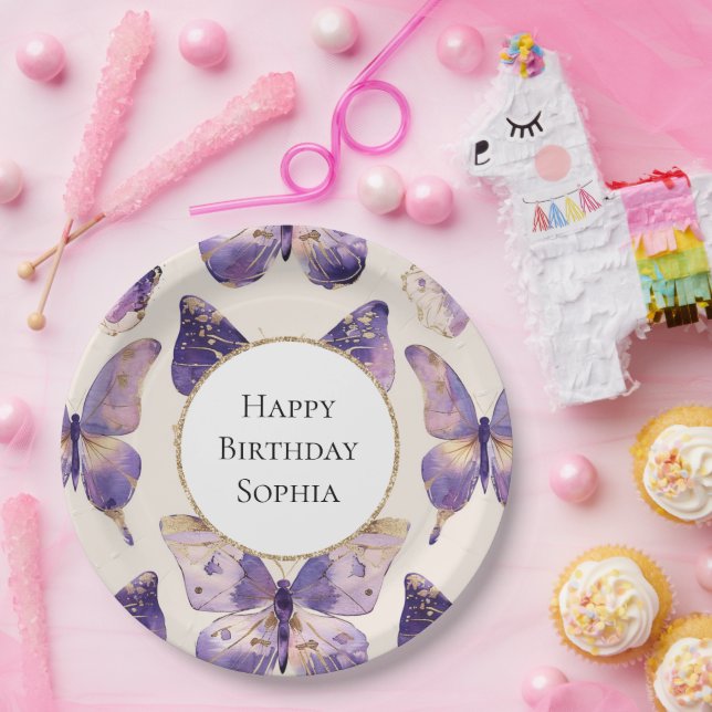 Assiettes En Carton Papillons Purple Gold Anniversaire (Fête)