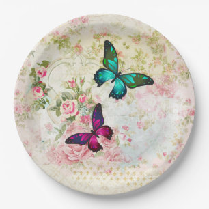Assiettes En Carton Papillons rose et vert sur Motif Vintage