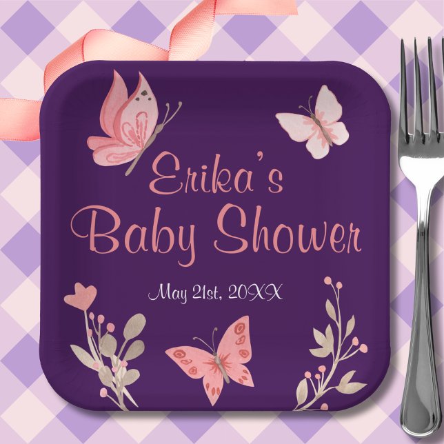 Assiettes En Carton Papillons rose Floral Violet Baby shower (Créateur téléchargé)