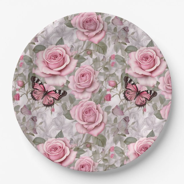 Assiettes En Carton Papillons rose pâle et fleurs Roses (Devant)