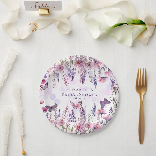 Assiettes En Carton Papillons rose pourpre et fleurs Fleurs sauvages (Mariage)