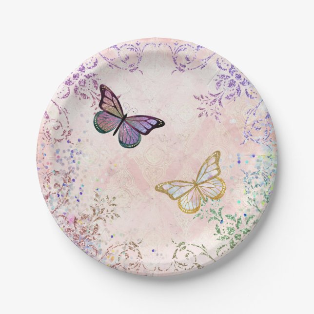 Assiettes En Carton Papillons violets Glam Pink Gold (Devant)
