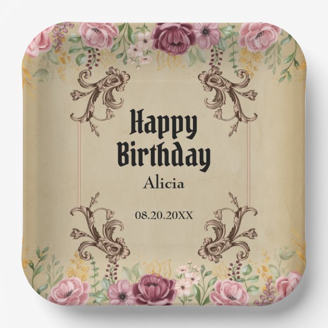 Assiettes En Carton Parchemin vintage de fleurs d'or de Maron (Recto)