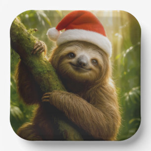 Assiettes En Carton Paresseux de Noël portant un chapeau de Père Noël