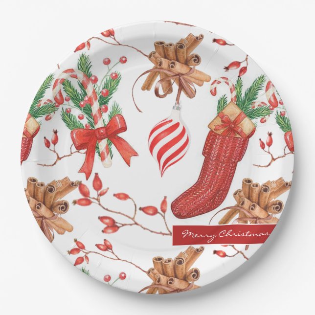 Assiettes En Carton Parfums de Noël cannelle et Motif de menthe poivré (Devant)