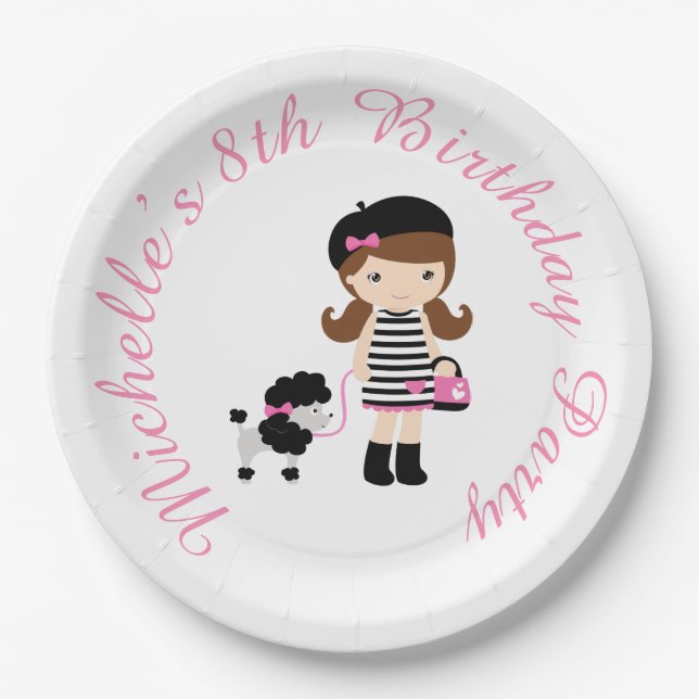 Assiettes En Carton Paris Tour Eiffel Brunette Girl (Devant)