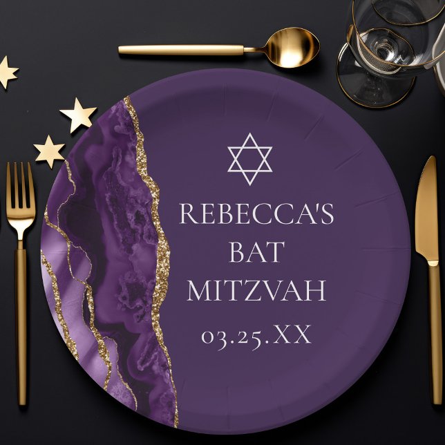 Assiettes En Carton Parti Bat mitzvah d'âge or violet chic (Créateur téléchargé)