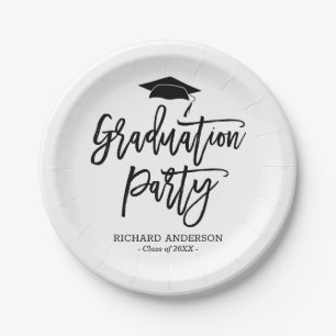 Assiettes En Carton Parti de graduation de script moderne noir et blan