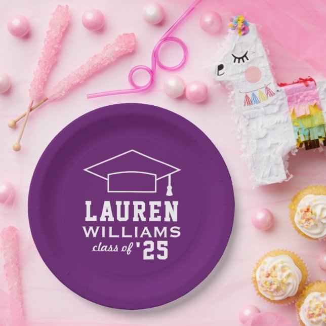 Assiettes En Carton Parti de graduation personnalisée violet moderne (Fête)