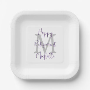 Assiettes En Carton Parti de retraite Blanc gris pourpre Nom Monogramm