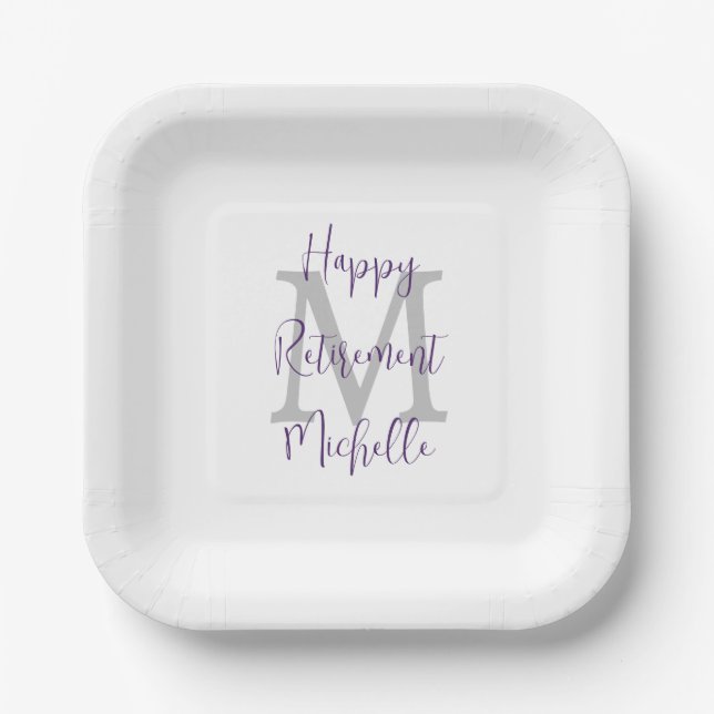 Assiettes En Carton Parti de retraite Blanc gris pourpre Nom Monogramm (Recto)