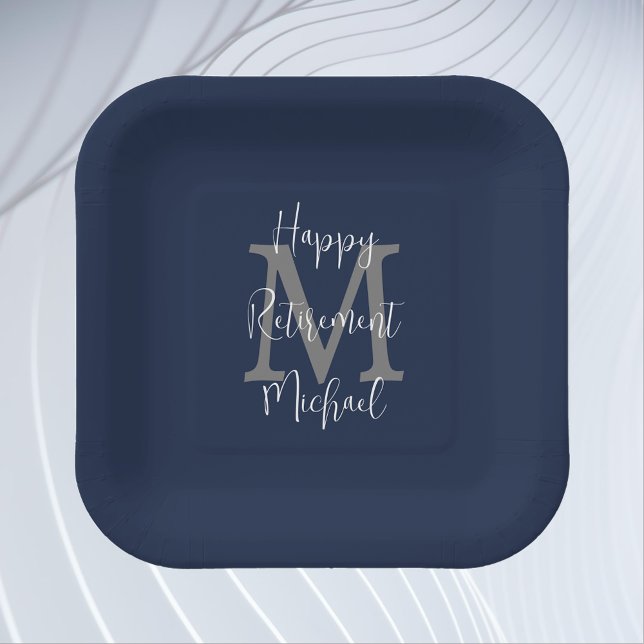 Assiettes En Carton Parti de retraite Bleu Blanc Gris Nom Monogramme (Créateur téléchargé)