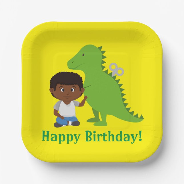 Assiettes En Carton Parti des dinosaures d'enfants (afro-américain)  (Recto)