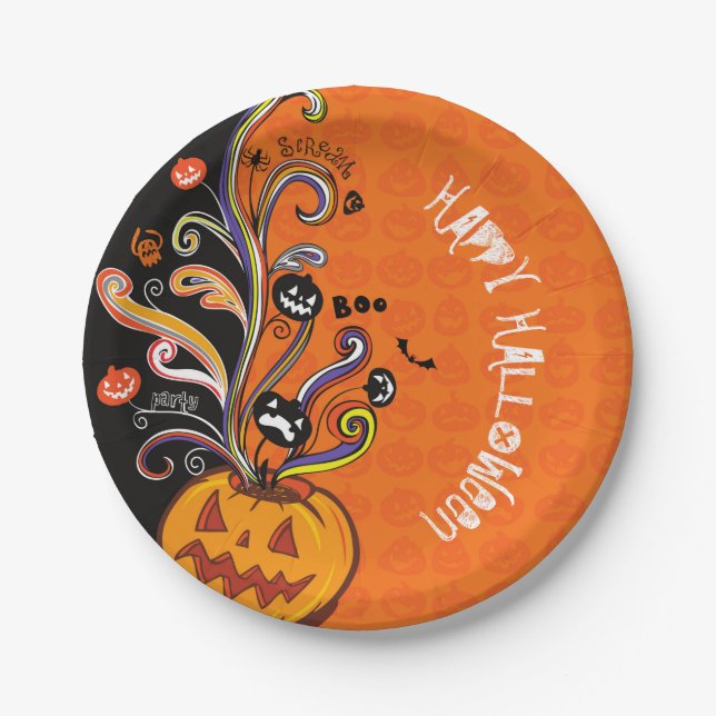 Assiettes En Carton Parti d'Halloween du Citrouille d'Orange Black (Devant)