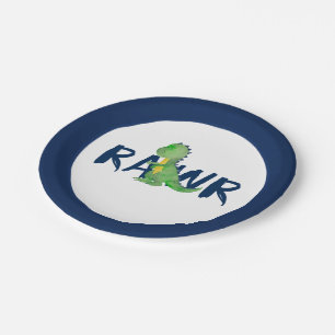 Assiettes En Carton Parti Dinosaure Vert "RAWR" bleu de la marine