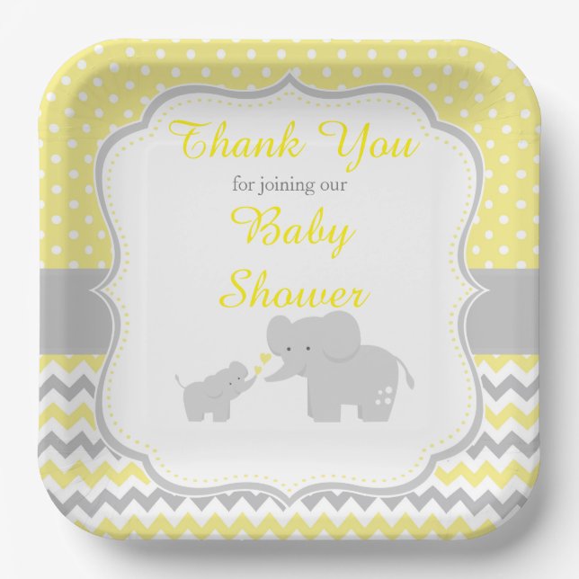 Assiettes En Carton Parti Eléphant Jaune et Gris Baby shower (Recto)