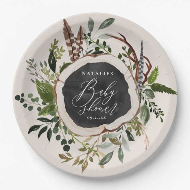 Assiettes En Carton Partie de baby shower en bois rustique de tranche (Devant)