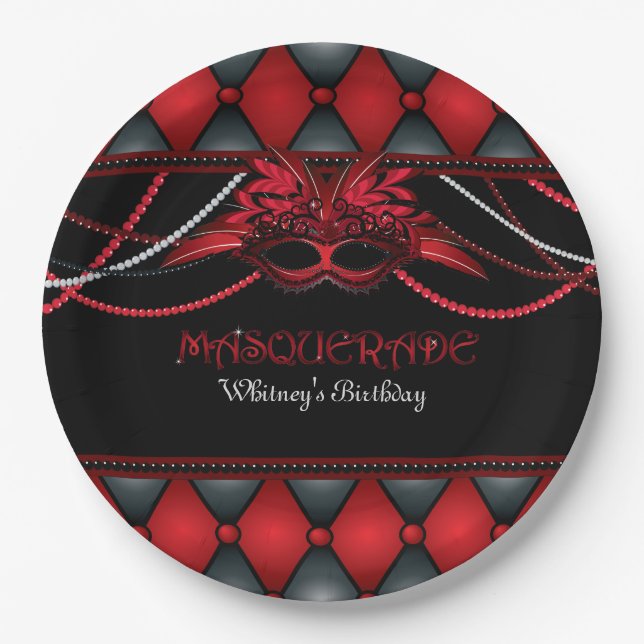 Assiettes En Carton Partie de mascarade, rouge et noire plaque à (Devant)