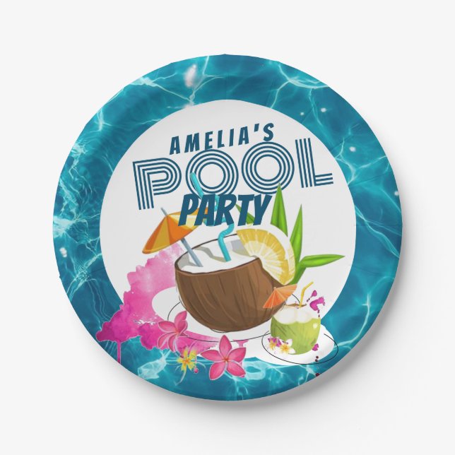 Assiettes En Carton Partie du pool | Tropical Birthday Party Beach Par (Devant)