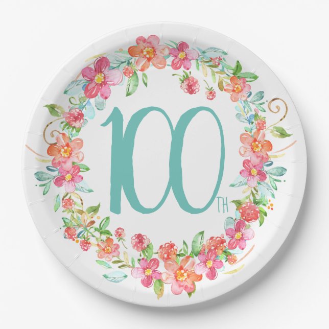 Assiettes En Carton partie florale de 100th aquarelle d'anniversaire (Devant)