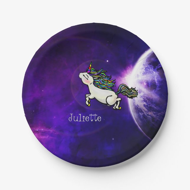 Assiettes En Carton Partie personnalisée de licorne de l'espace (Devant)