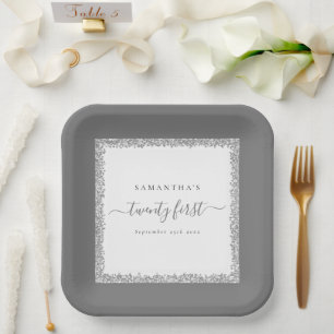 Assiettes En Carton Parties scintillant Argent Nom du cadre Date 21e a