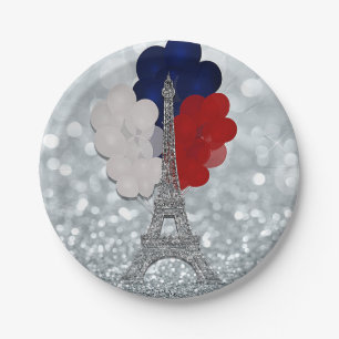 Assiettes En Carton Parties scintillant Argent Tour Eiffel Rouge Blanc