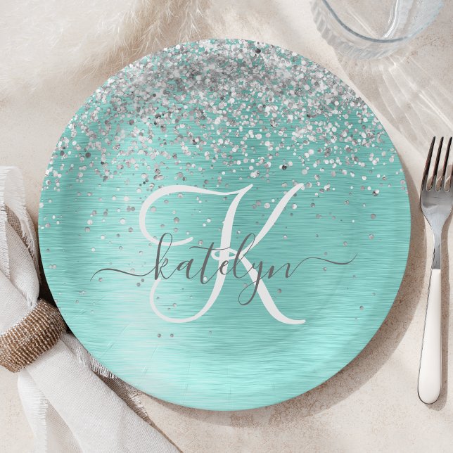 Assiettes En Carton Parties scintillant argentée turquoise en métal br (Créateur téléchargé)