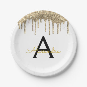 Assiettes En Carton Parties scintillant blanche et or Monogramme Anniv