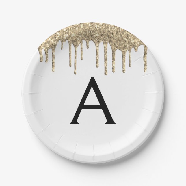 Assiettes En Carton Parties scintillant blanche et or Monogramme Anniv (Devant)