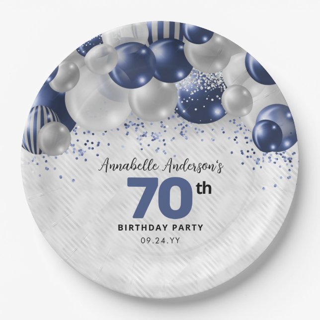 Assiettes En Carton Parties scintillant bleu bleu marine en argent 70e (Devant)