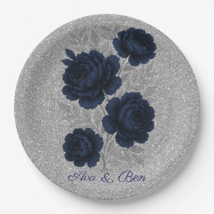 Assiettes En Carton Parties scintillant bleu marine et argent Feuilles