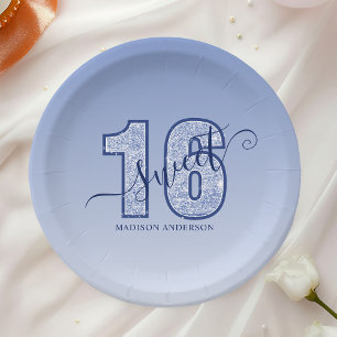 Assiettes En Carton Parties scintillant bleu marine Script Sweet 16