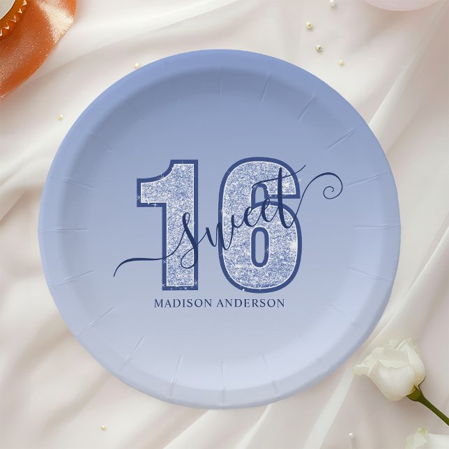 Assiettes En Carton Parties scintillant bleu marine Script Sweet 16 (Créateur téléchargé)
