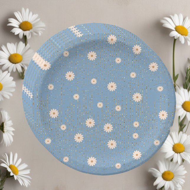 Assiettes En Carton Parties scintillant bleue Golden Daisy Baby shower (Créateur téléchargé)