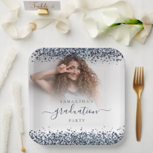 Assiettes En Carton Parties scintillant Bleue Marine Nom photo Graduat