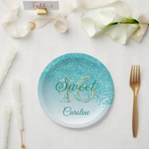 Assiettes En Carton Parties scintillant bleue turquoise, 16 Parties sc