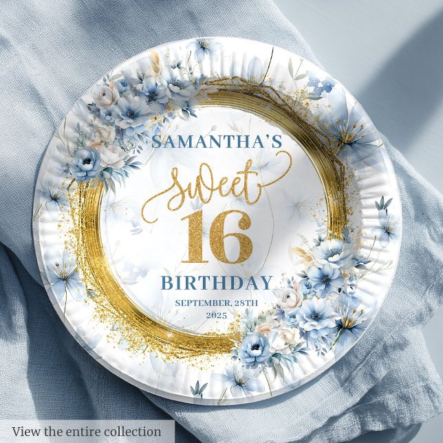 Assiettes En Carton Parties scintillant classique en Sweet sixteen ble (Classic Dusty Blue Sweet Sixteen Gold Glitter Paper Plates)