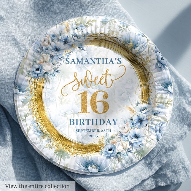 Assiettes En Carton Parties scintillant classique Sweet sixteen bleu c (Classic Light Blue Sweet Sixteen Gold Glitter Paper Plates)
