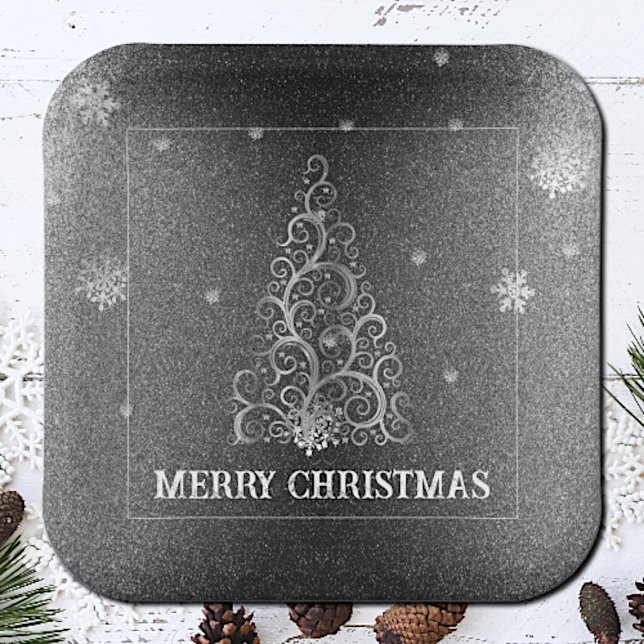 Assiettes En Carton Parties scintillant d'arbre de Noël et flocons de  (Silver Christmas Tree Glitter and Snowflakes Paper Plates)