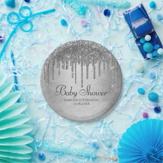 Assiettes En Carton Parties scintillant d'argent de dépôt | Douche à é (Fête)