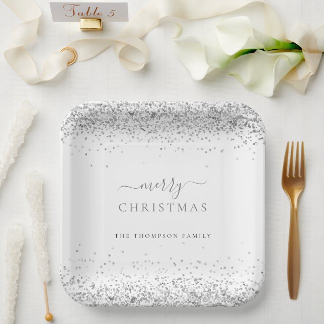 Assiettes En Carton Parties scintillant d'argent Nom blanc Joyeux Noël (Mariage)