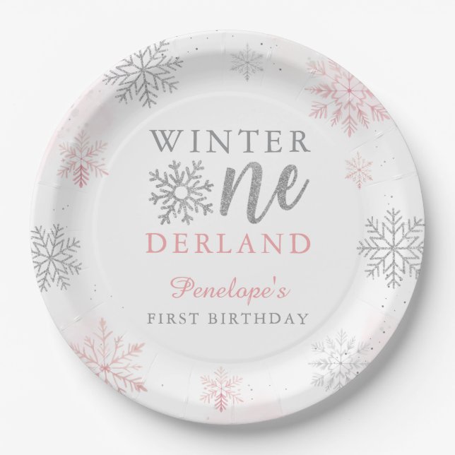 Assiettes En Carton Parties scintillant d'argent rose Hiver Onederland (Devant)