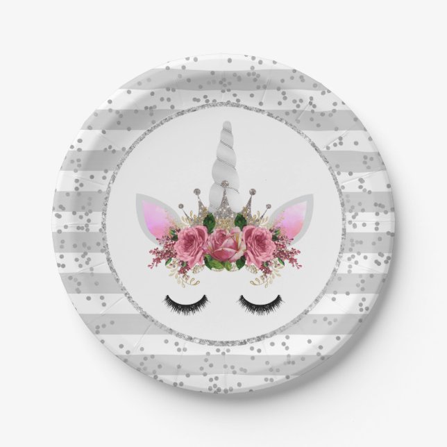 Assiettes En Carton Parties scintillant d'argent Unicorn Princesse (Devant)