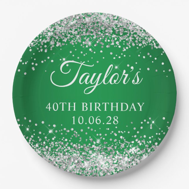 Assiettes En Carton Parties scintillant d'argent Vert 40e anniversaire (Devant)