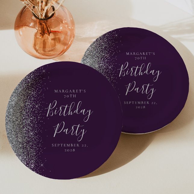 Assiettes En Carton Parties scintillant d'argent violet 70e anniversai (Créateur téléchargé)