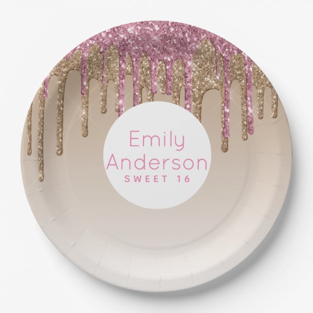 Assiettes En Carton Parties scintillant de goutte Sweet16 Rose Gold Ro (Devant)